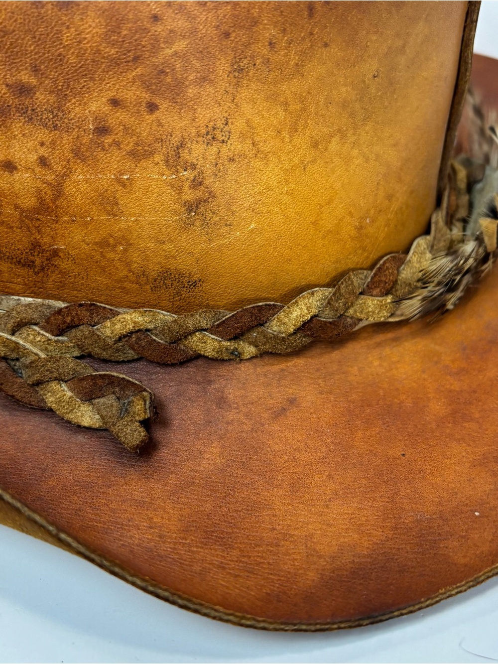 Vtg Henschel Skully’s Suede Leather Brown Outback Western Hat Men's Med Feather - Picture 5 of 9